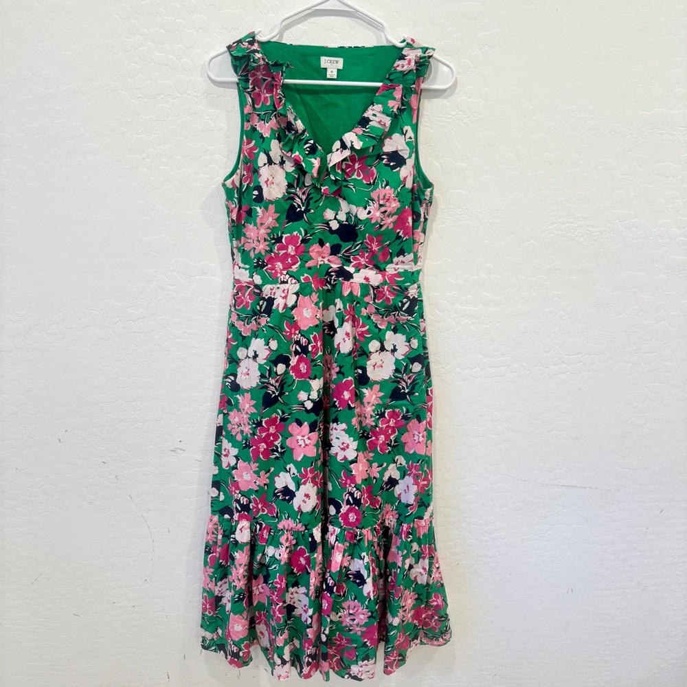 J. Crew Ruffle V-Neck Midi Dress Womens 6 Green Pink Summer Spring Coquette Girl